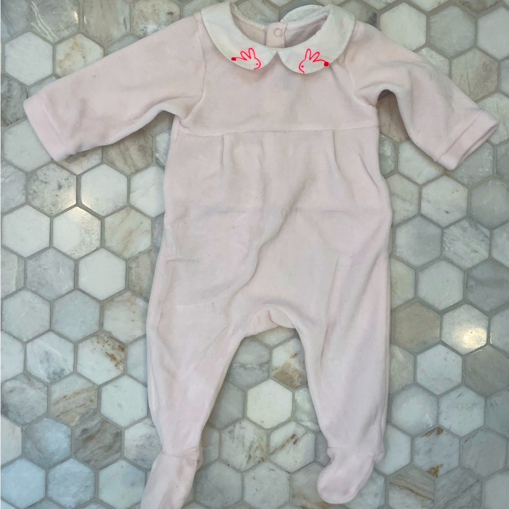 JACADI Pink Velour Footsie with Bunny Embroidery 3 Months
